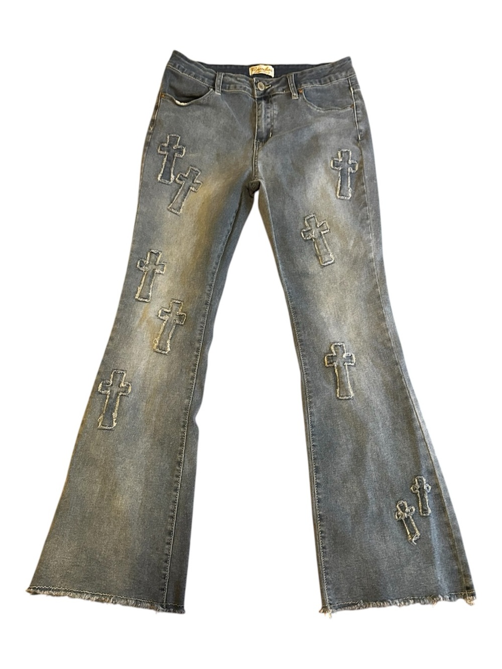 Bamboo Womens Vintage Denim Cross-Appliqué Flared Jeans Size 13